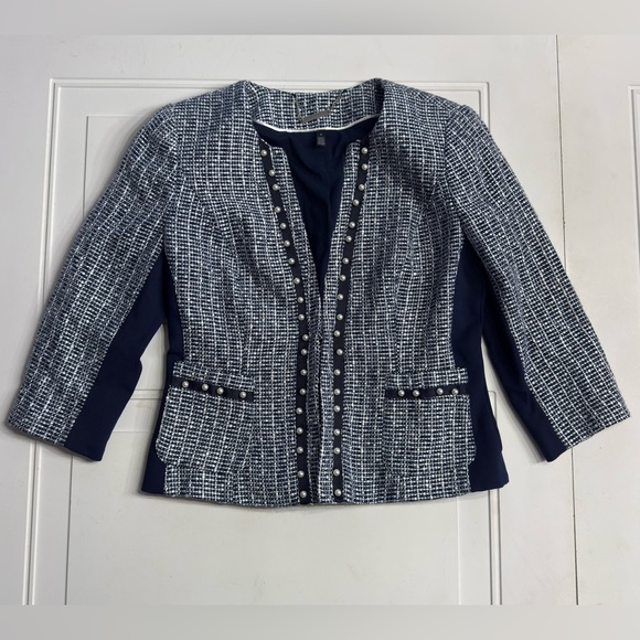 White House Black Market Jackets & Blazers - White House Black Market WHBM Women’s 4 Navy Blue White Tweed Blazer Jacket Coat